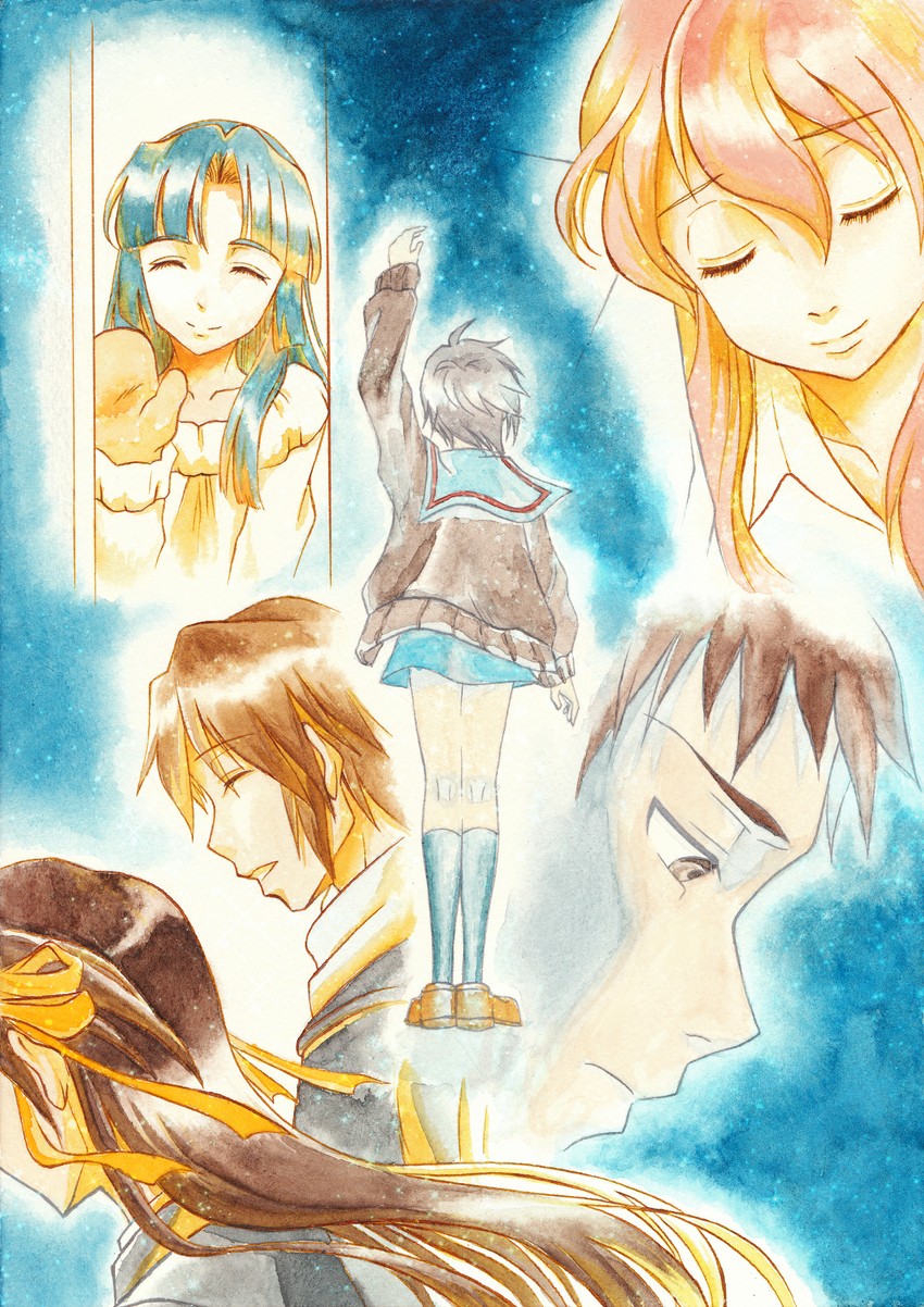 suzumiya haruhi, nagato yuki, kyon, asakura ryoko, koizumi itsuki, and 1 more (suzumiya haruhi no yuuutsu and 1 more) drawn by kichi_(umetsubo)