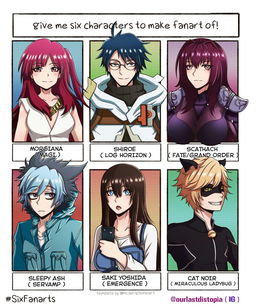 scathach, morgiana, chat noir, shiroe, yoshida saki, and 1 more (fate and 6 more) drawn by eve_(pixiv25240695)