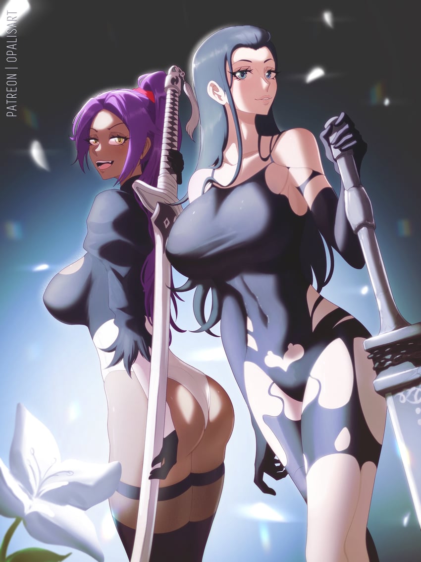 2b, nico robin, shihouin yoruichi, and a2 (bleach and 2 more) drawn by opalis