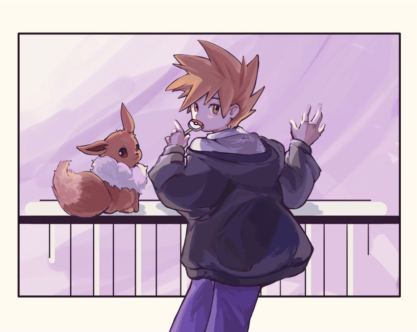 eevee and blue oak (pokemon and 1 more) drawn by hanada_(matsukiri_0031)