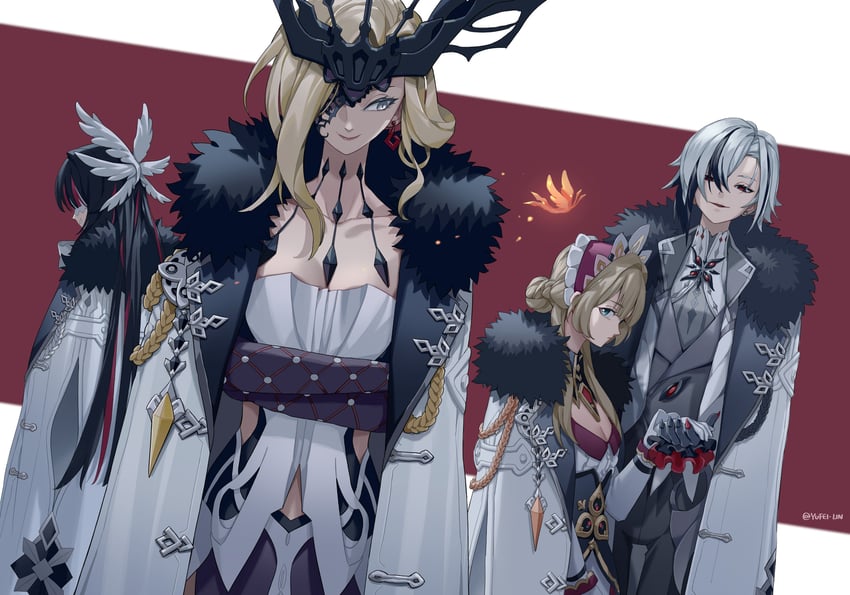 arlecchino, columbina, signora, sandrone, and crimson lotus moth (genshin impact) drawn by yufei_lin