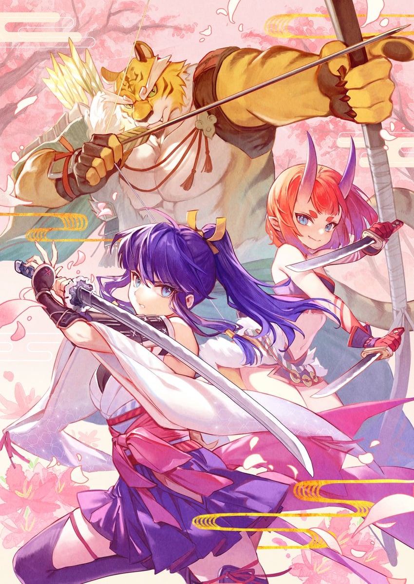 taketora, sara, and shigure (yasha legends of the demon blade) drawn by mesme