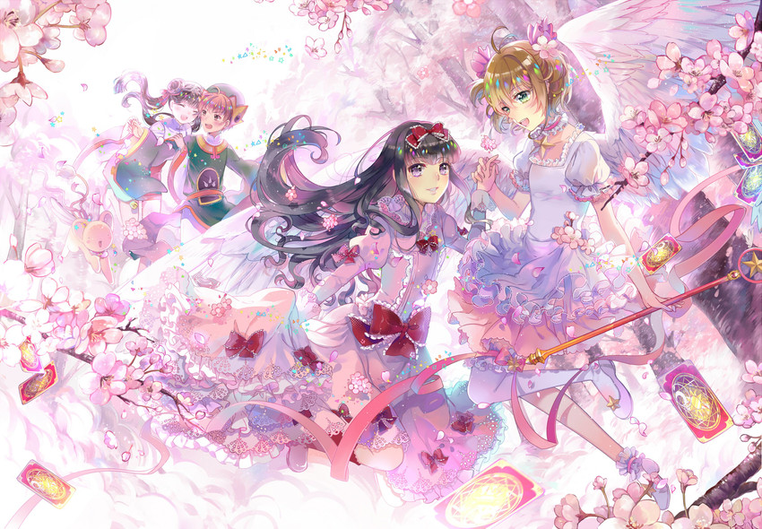 kinomoto sakura, kero, daidouji tomoyo, li syaoran, and li meiling (cardcaptor sakura) drawn by ekita_kuro