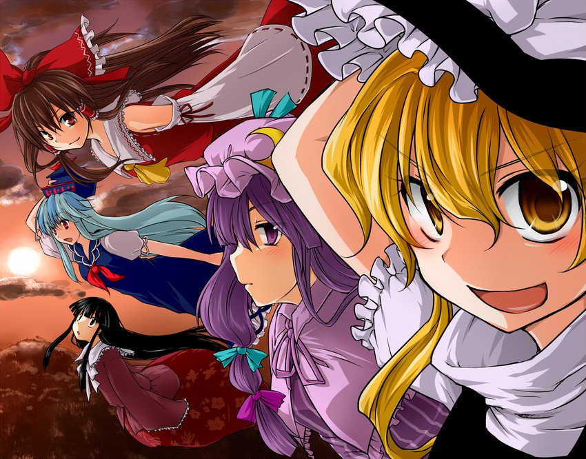 hakurei reimu, kirisame marisa, patchouli knowledge, kamishirasawa keine, and houraisan kaguya (touhou) drawn by monrooru