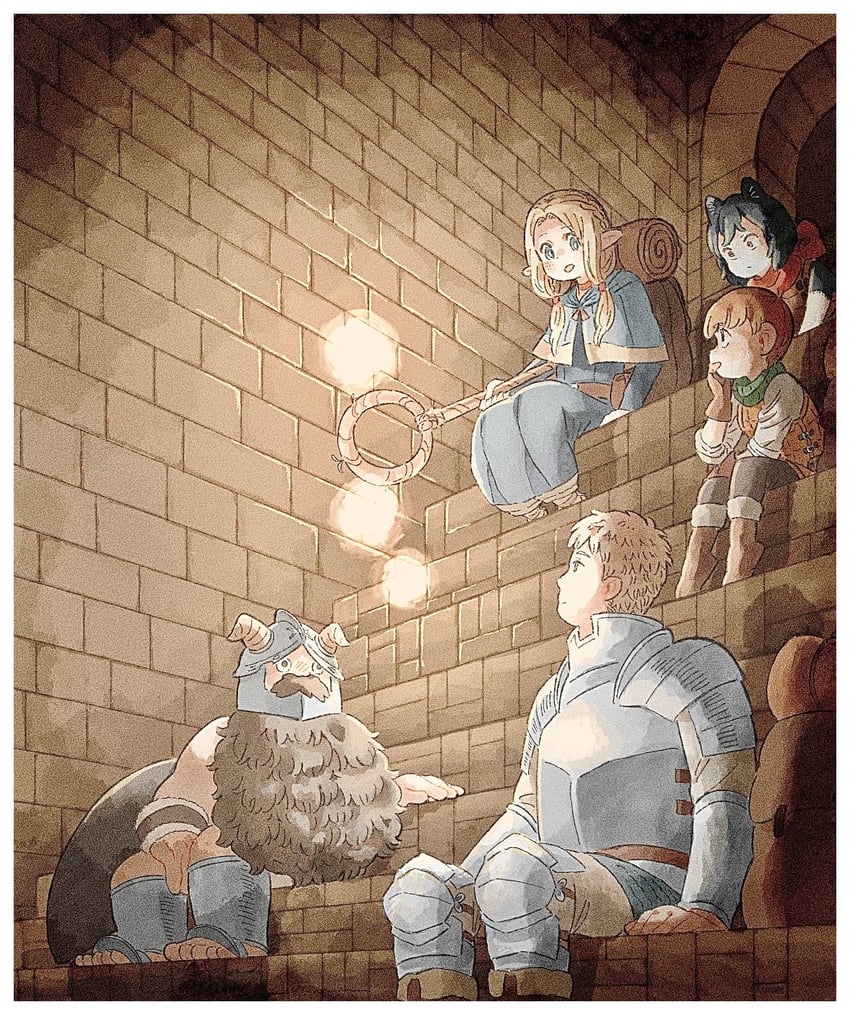 marcille donato, laios touden, senshi, chilchuck tims, and izutsumi (dungeon meshi) drawn by moku_(itmne26)