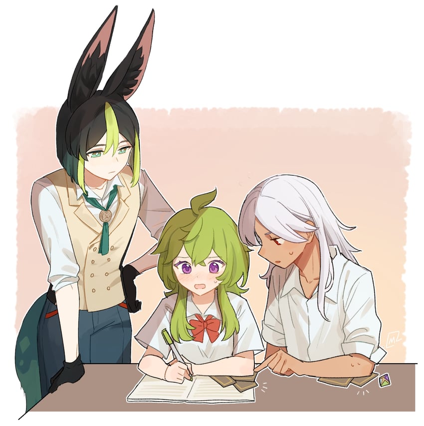 tighnari, cyno, and collei (genshin impact) drawn by limoli_lian