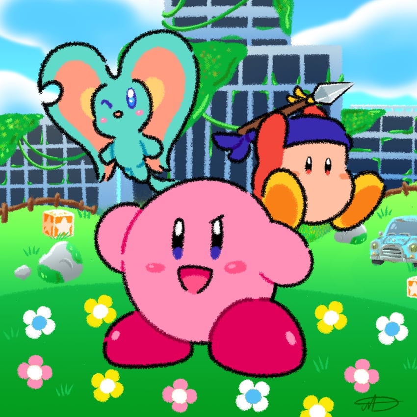 kirby, bandana waddle dee, and elfilin (kirby and 1 more) drawn by jradical2014