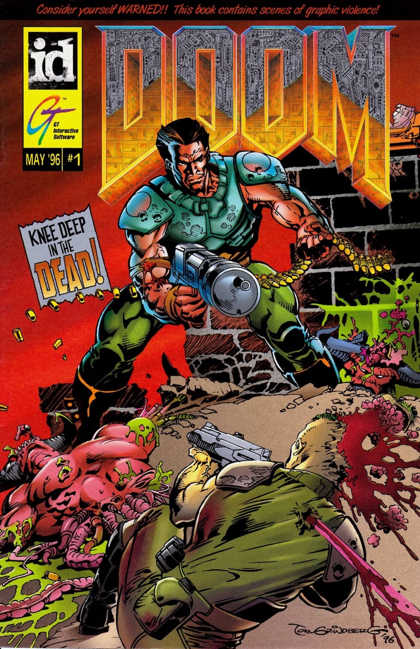 doomguy, baron of hell, cyberdemon, and zombieman (doom i and 2 more) drawn by tom_grindberg