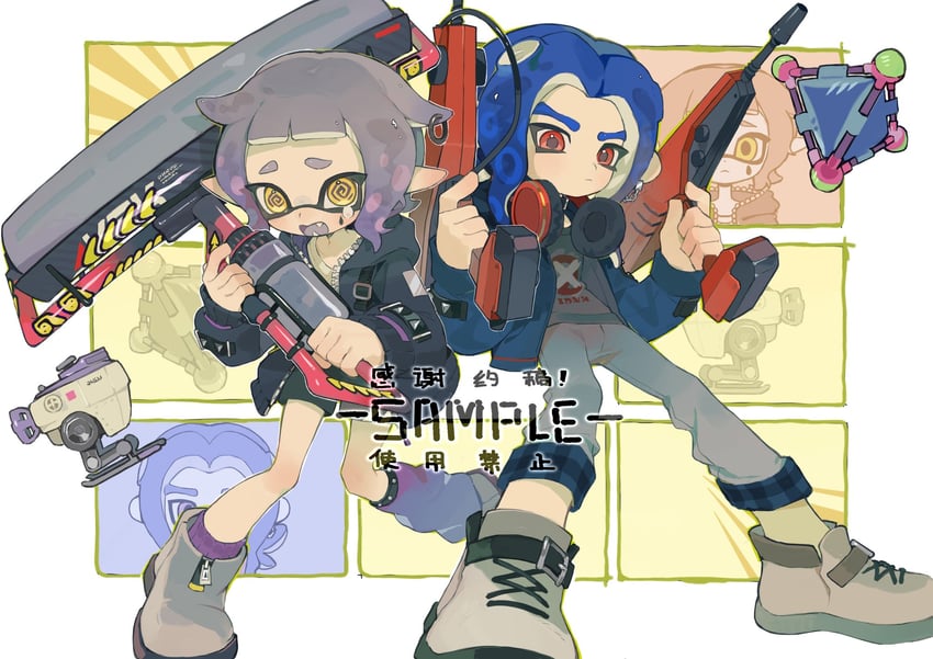inkling player character, inkling girl, octoling player character, and octoling boy (splatoon) drawn by p-pepper