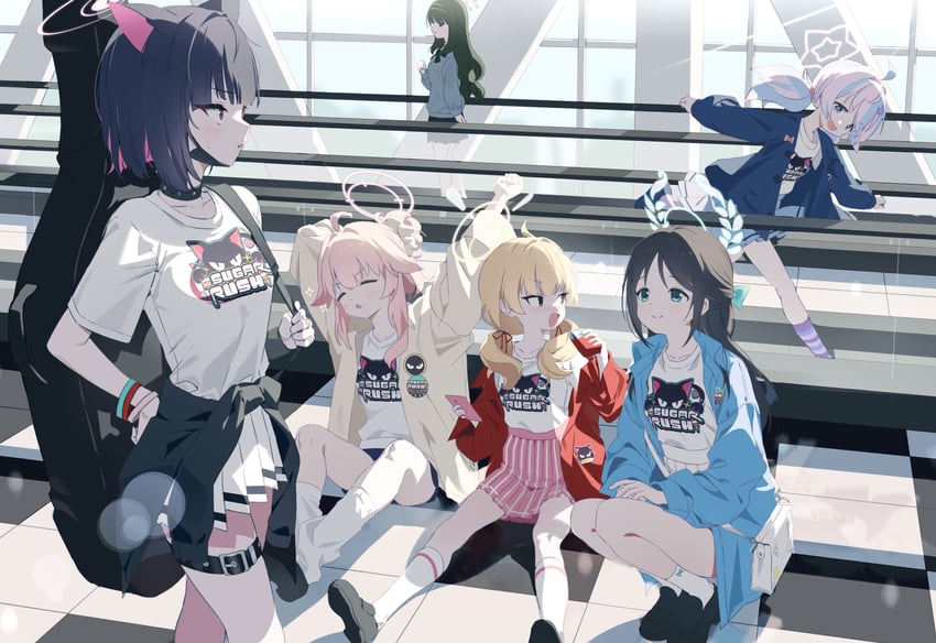 reisa, kazusa, natsu, airi, yoshimi, and 1 more (blue archive) drawn by gogoco