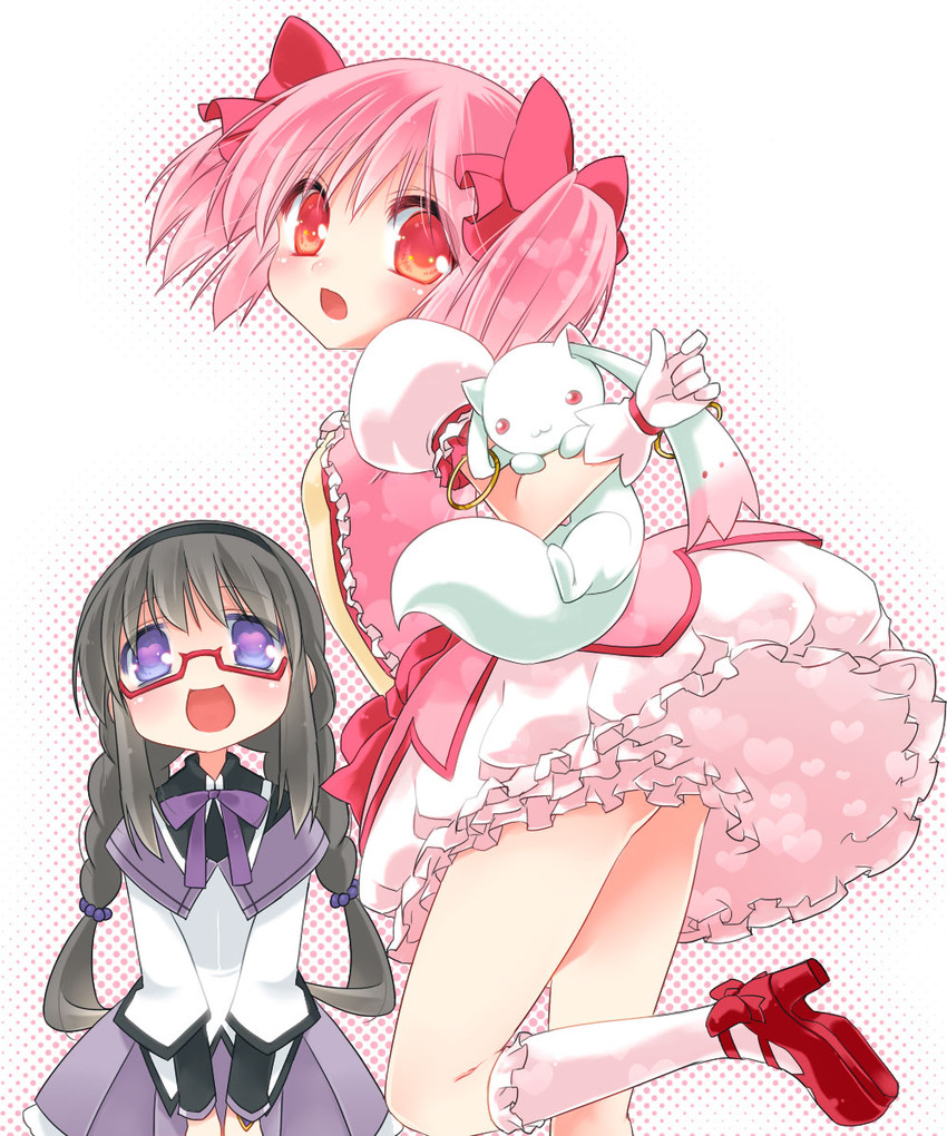 akemi homura, kaname madoka, and kyubey (mahou shoujo madoka magica) drawn by koruri