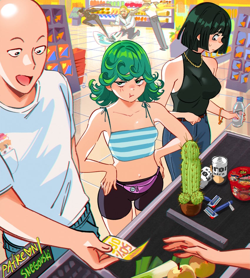 hatsune miku, tatsumaki, fubuki, saitama, genos, and 2 more (vocaloid and 1 more) drawn by snegovski