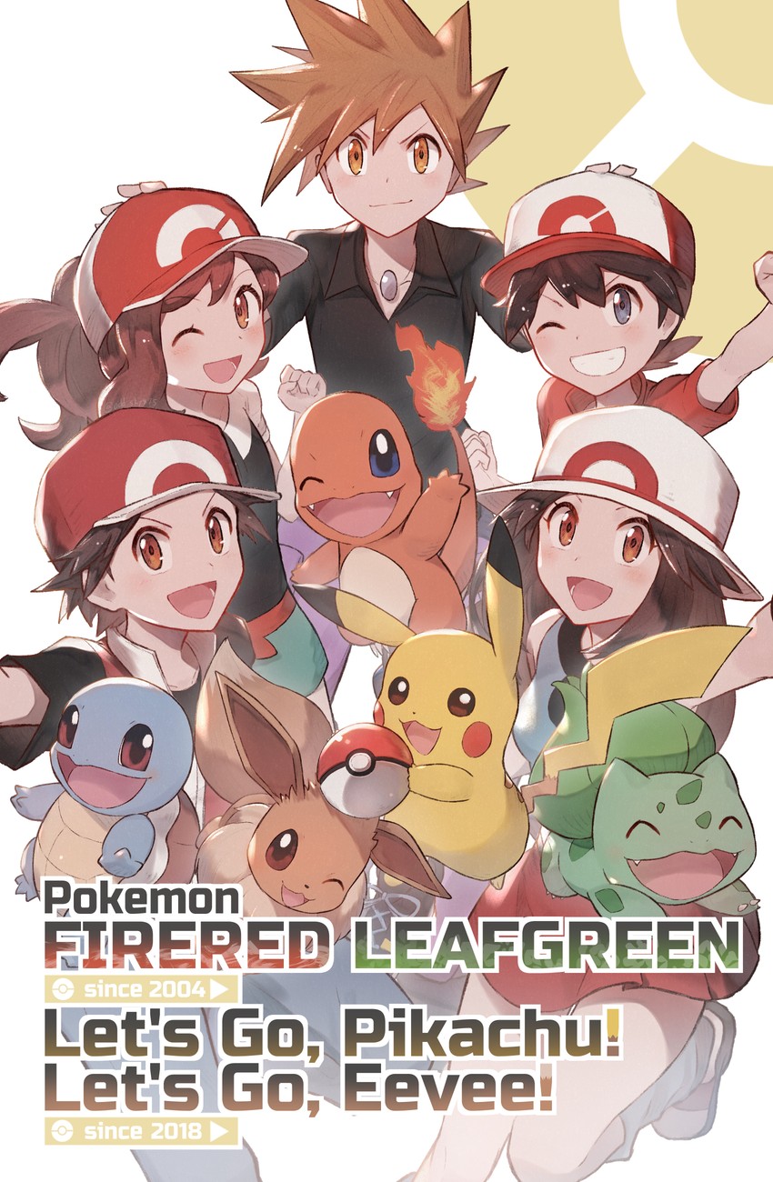 pikachu, red, eevee, blue oak, leaf, and 5 more (pokemon and 2 more) drawn by odd_(hin_yari)