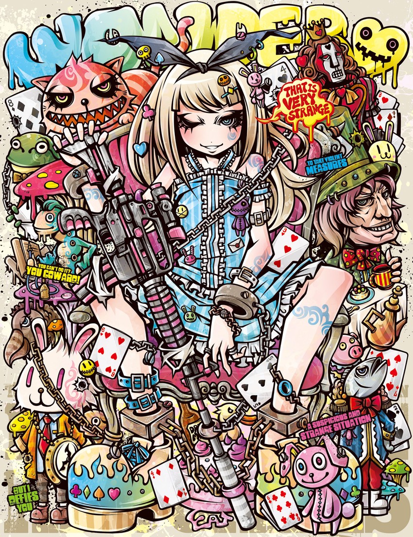 alice, cheshire cat, mad hatter, and queen of hearts (original and 1 more) drawn by project.c.k.