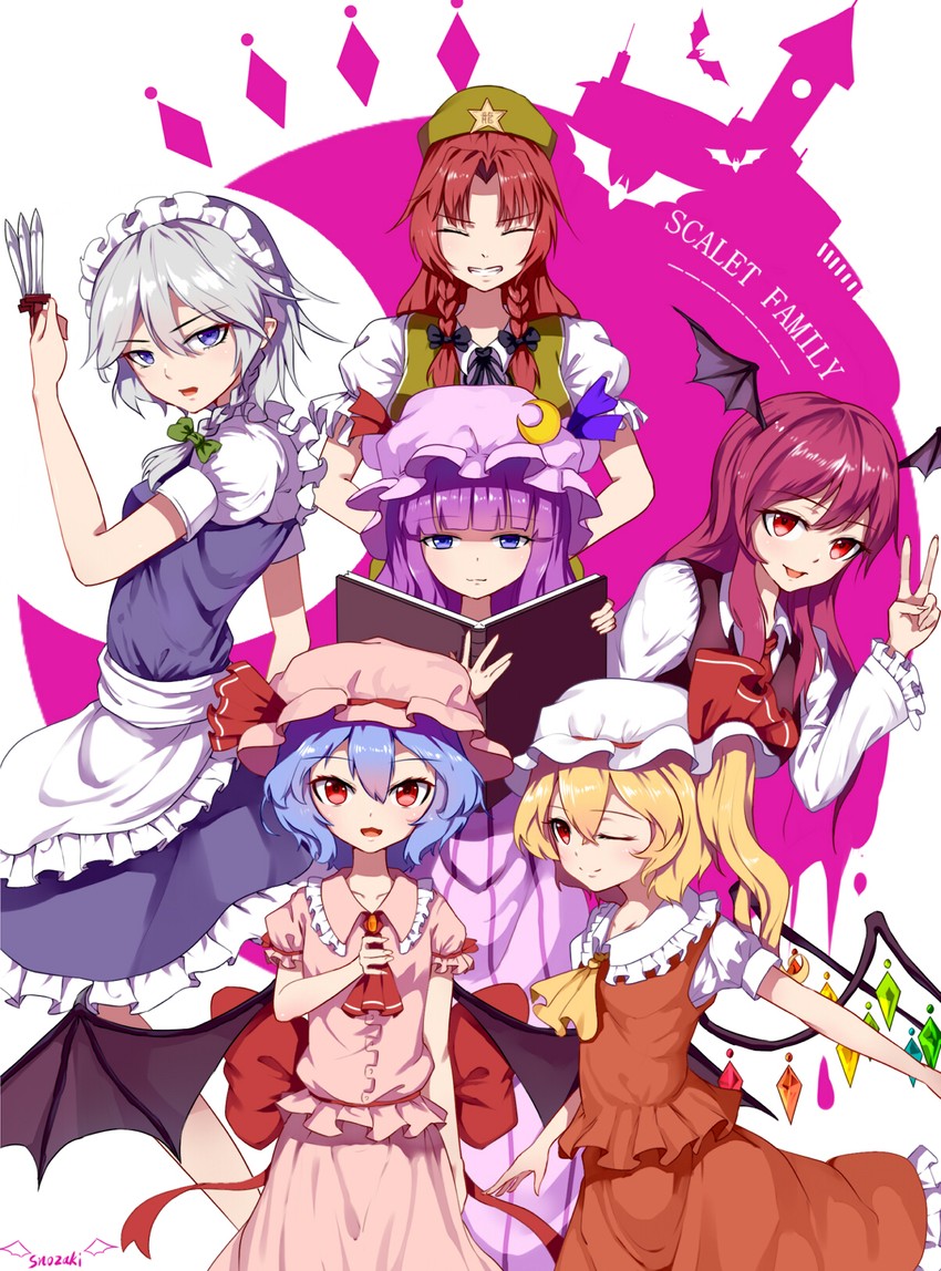 remilia scarlet, flandre scarlet, izayoi sakuya, patchouli knowledge, hong meiling, and 1 more (touhou) drawn by snozaki