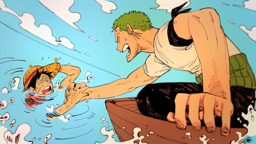 monkey d. luffy and roronoa zoro (one piece) drawn by dam_(okdam3)