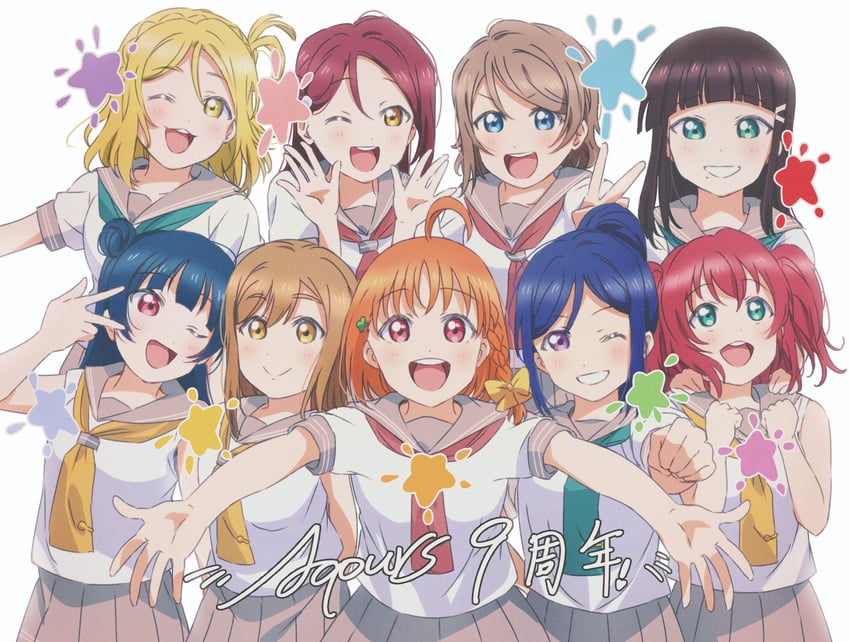 watanabe you, tsushima yoshiko, sakurauchi riko, takami chika, matsuura kanan, and 4 more (love live! and 1 more) drawn by yuchi_(salmon-1000)