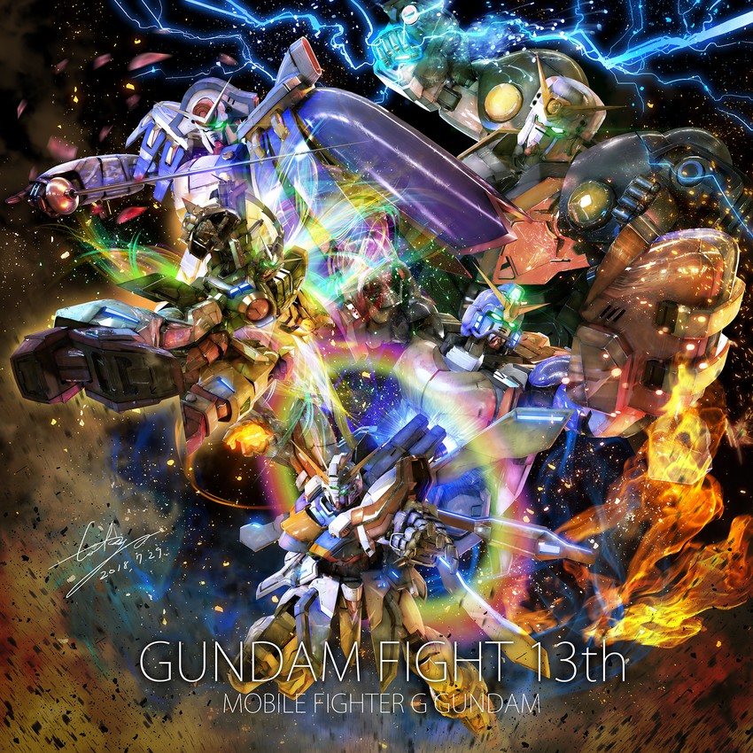 god gundam, dragon gundam, gundam rose, bolt gundam, and gundam maxter (gundam and 1 more) drawn by eske