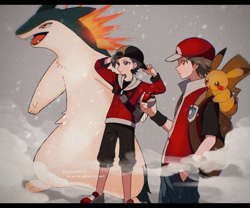 pikachu, ethan, and typhlosion (pokemon and 1 more) drawn by mikakami1e