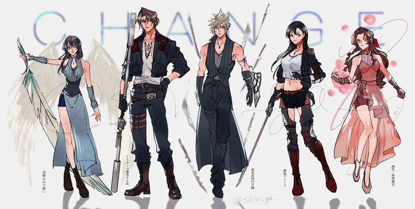 tifa lockhart, cloud strife, aerith gainsborough, squall leonhart, and rinoa heartilly (final fantasy and 3 more) drawn by shio_ga