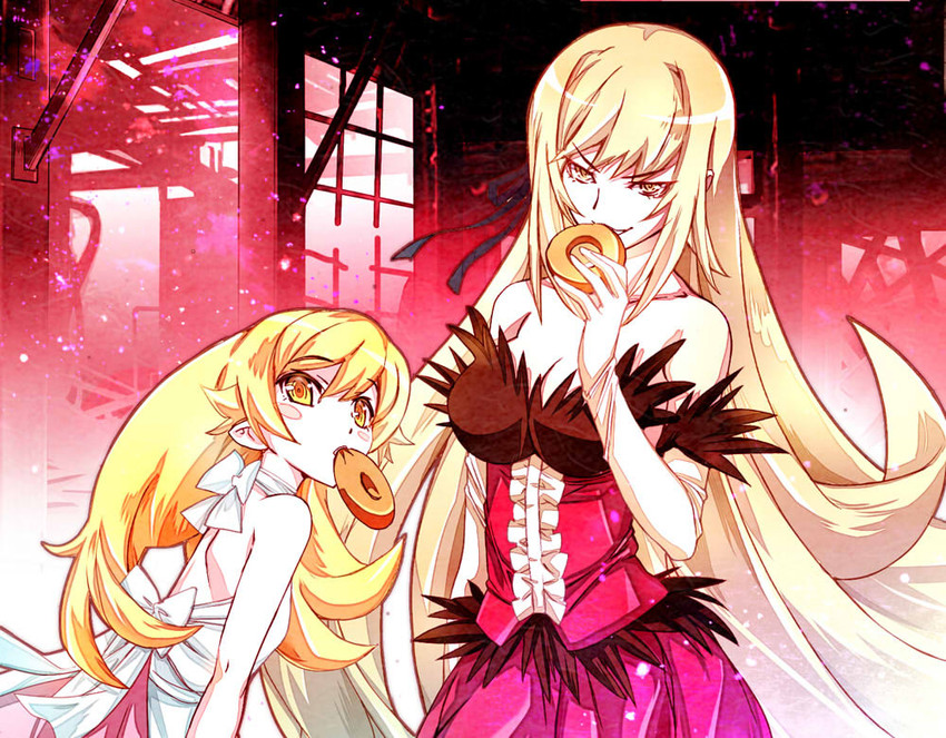 oshino shinobu and kiss-shot acerola-orion heart-under-blade (monogatari and 1 more) drawn by nyoro_(nyoronyoro000)