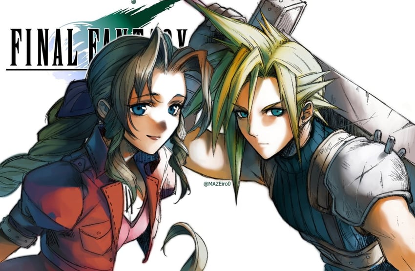cloud strife and aerith gainsborough (final fantasy and 1 more) drawn by maze_draws