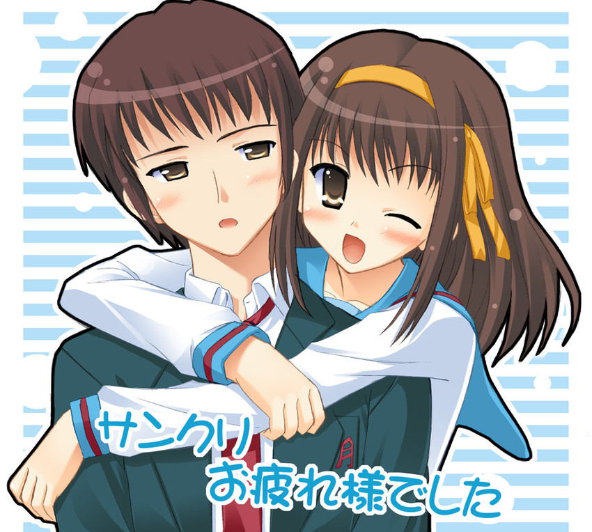 suzumiya haruhi and kyon (suzumiya haruhi no yuuutsu) drawn by uehiro