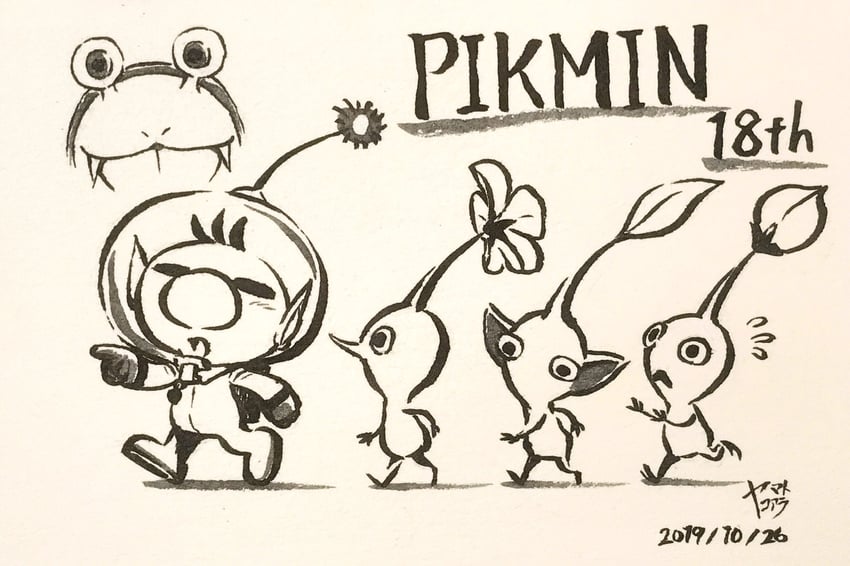 red pikmin, olimar, yellow pikmin, blue pikmin, and bulborb (pikmin) drawn by yamato_koara