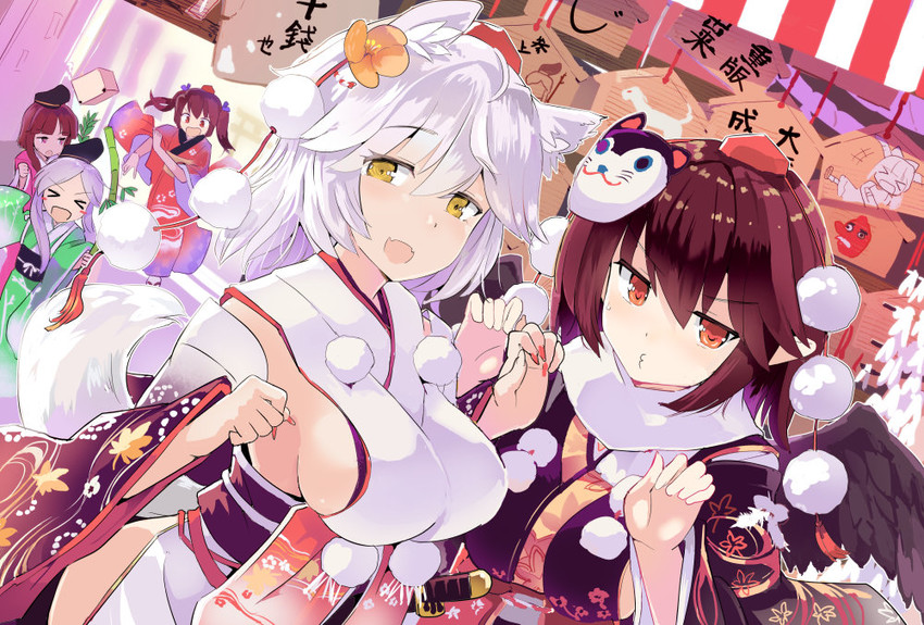 shameimaru aya, inubashiri momiji, himekaidou hatate, nishida satono, and teireida mai (touhou) drawn by puuakachan