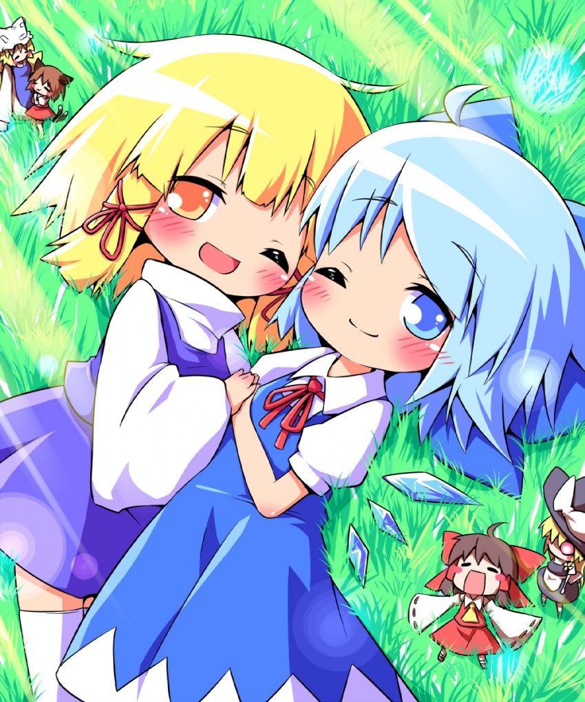 hakurei reimu, kirisame marisa, cirno, yakumo ran, moriya suwako, and 1 more (touhou) drawn by ayakashi_(monkeypanch)