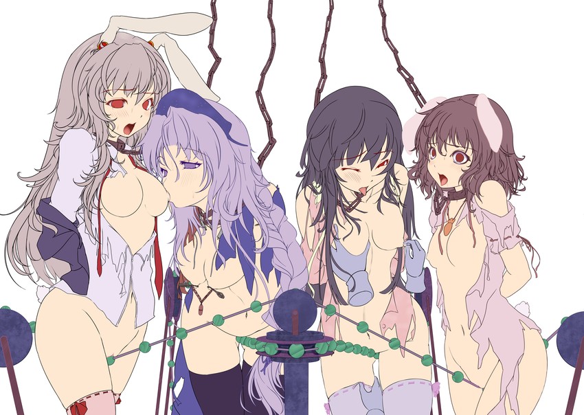reisen udongein inaba, houraisan kaguya, inaba tewi, and yagokoro eirin (touhou) drawn by monikano
