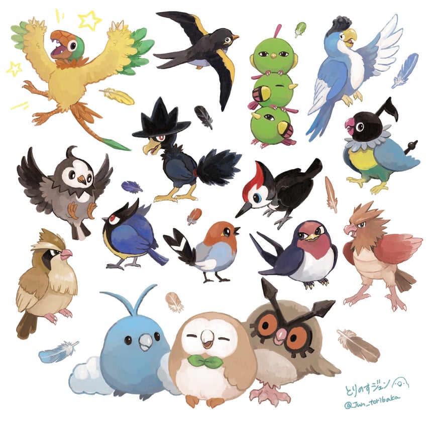 rowlet, swablu, pidgey, natu, murkrow, and 11 more (pokemon) drawn by jun_toribaka