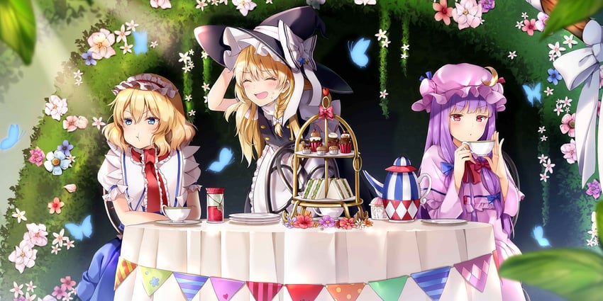 kirisame marisa, alice margatroid, and patchouli knowledge (touhou and 1 more) drawn by yoshida_iyo
