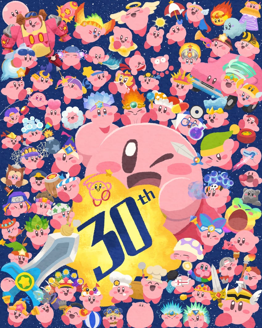 kirby, sword kirby, sleep kirby, robobot armor, parasol kirby, and 65 more (kirby and 12 more) drawn by miclot
