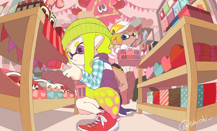 inkling player character and inkling girl (splatoon) drawn by shiohi