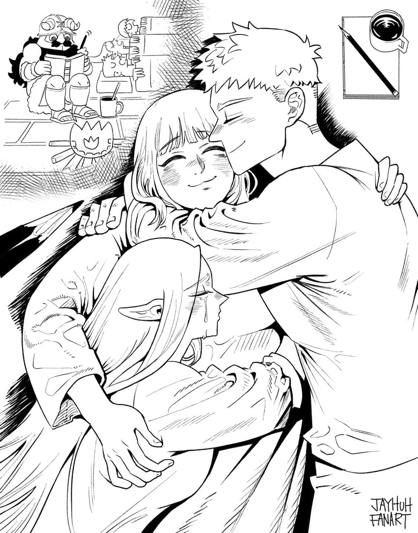 marcille donato, falin touden, laios touden, senshi, and chilchuck tims (dungeon meshi) drawn by jayhuh_art