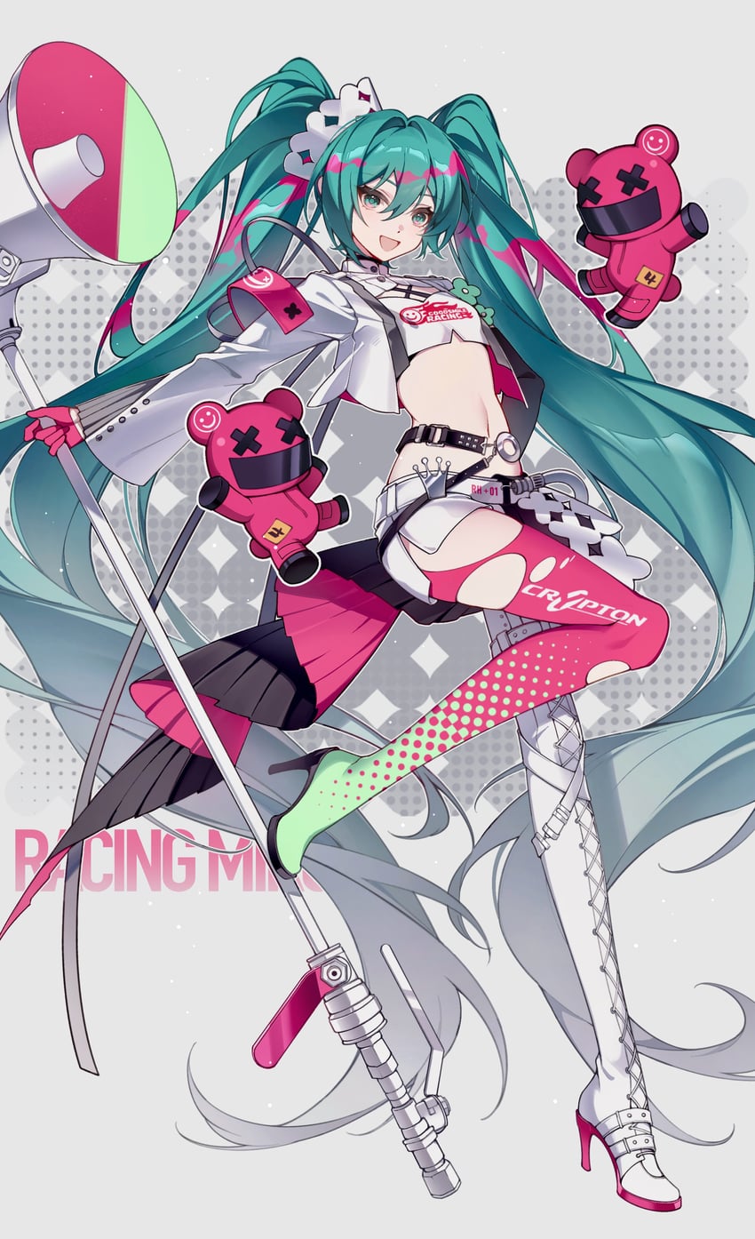 hatsune miku and racing miku (vocaloid and 1 more) drawn by kanvien