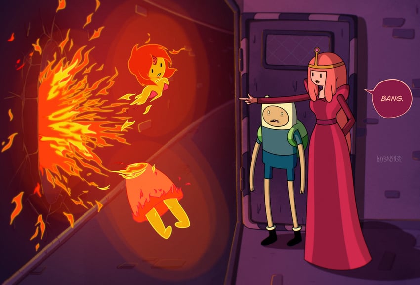 princess bonnibel bubblegum, finn the human, and flame princess (chainsaw man and 1 more) drawn by rivensner