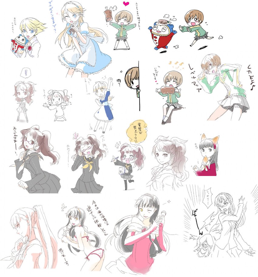 satonaka chie, kujikawa rise, amagi yukiko, kuma, alice, and 2 more (persona and 1 more) drawn by ira96