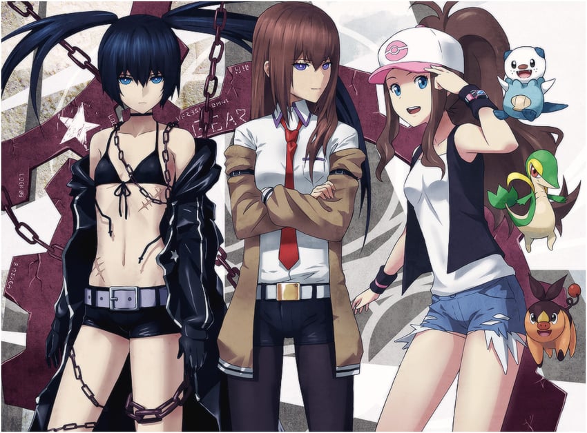hilda, black rock shooter, makise kurisu, oshawott, snivy, and 1 more (pokemon and 3 more) drawn by yara_kami_meiosei