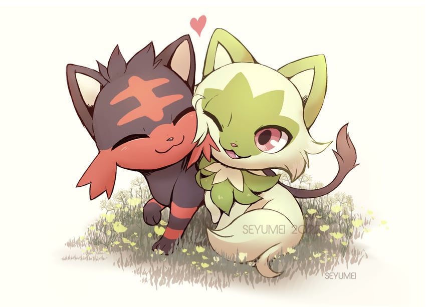 sprigatito and litten (pokemon) drawn by seyumei