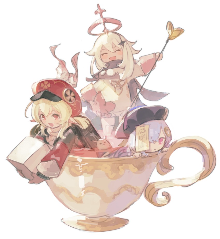 paimon, klee, qiqi, and dodoco (genshin impact) drawn by rojiura_(rojunu11)