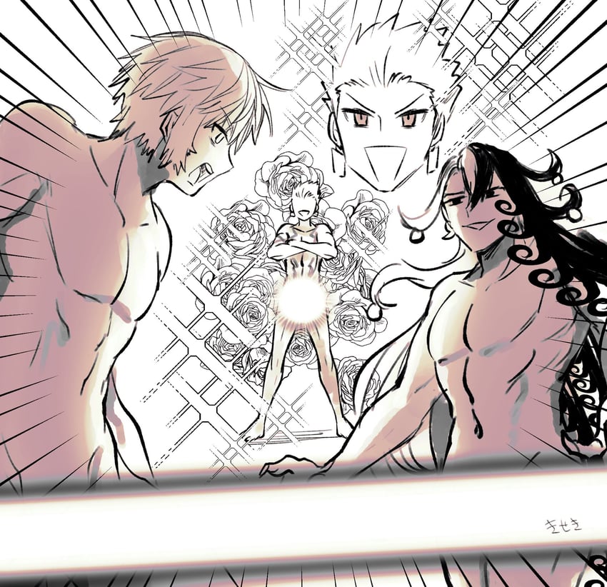 gilgamesh, ashiya douman, and roland (fate and 1 more) drawn by kimidorix32