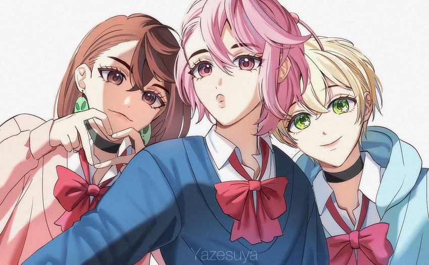 ayase momo, shiratori aira, and vamola (dandadan) drawn by yazesuya
