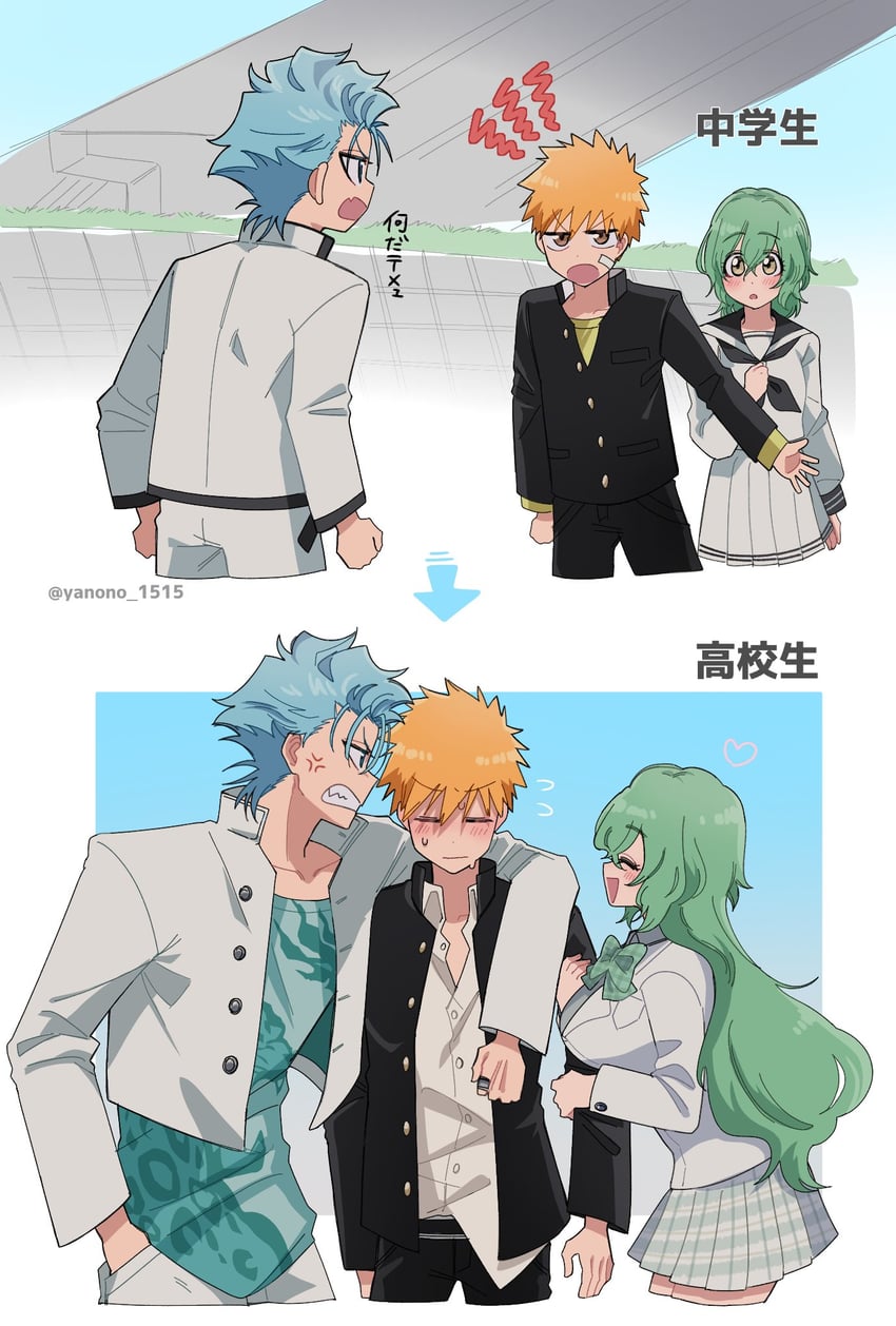 kurosaki ichigo, nelliel tu odelschwanck, and grimmjow jaegerjaquez (bleach) drawn by yanono_015