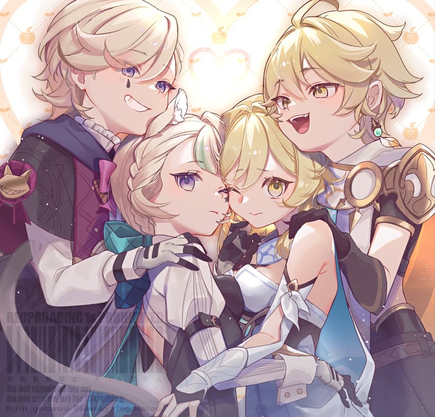 lumine, aether, lynette, and lyney (genshin impact) drawn by rin_gotarou