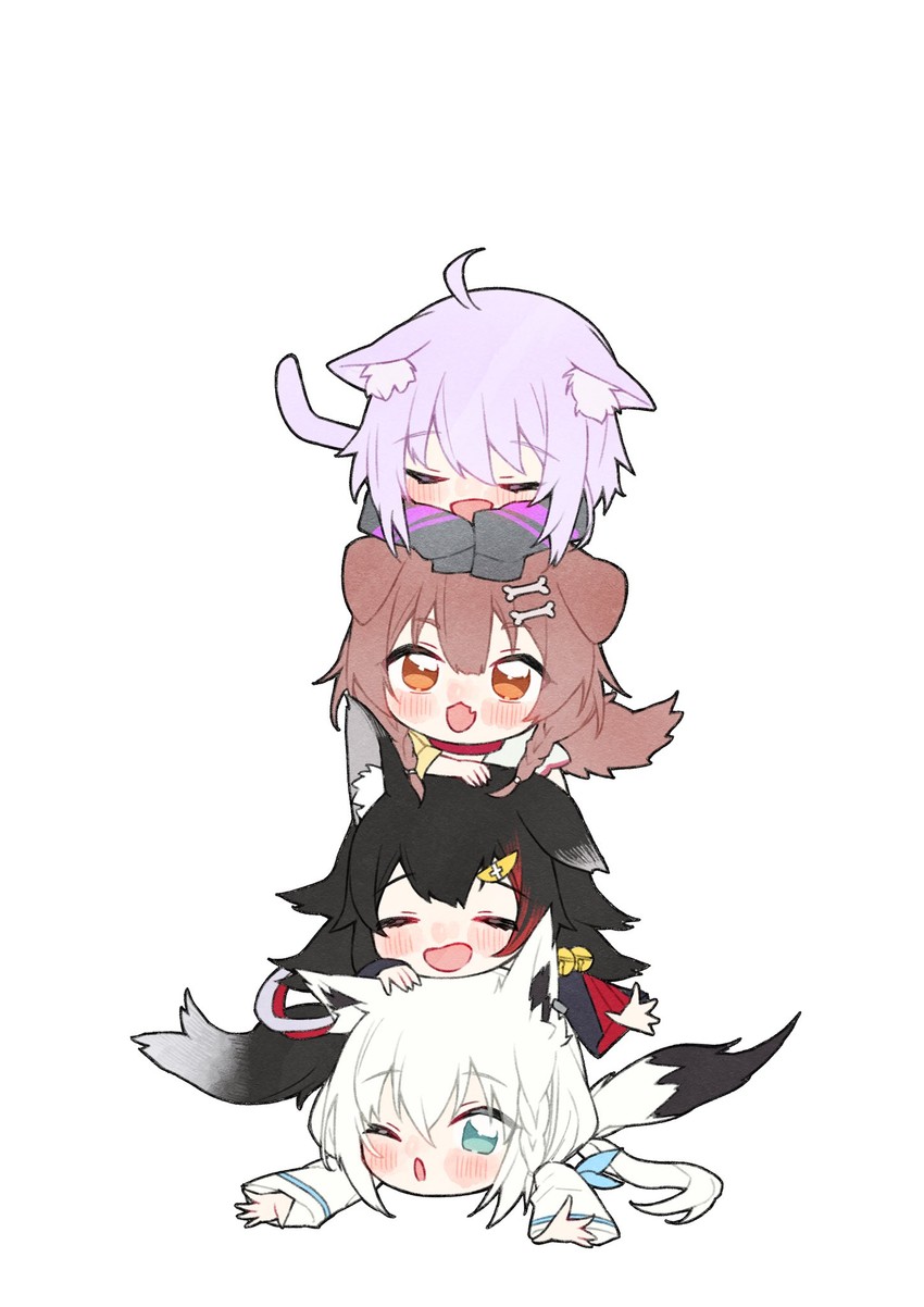 shirakami fubuki, nekomata okayu, ookami mio, and inugami korone (hololive) drawn by neru_(flareuptf1)