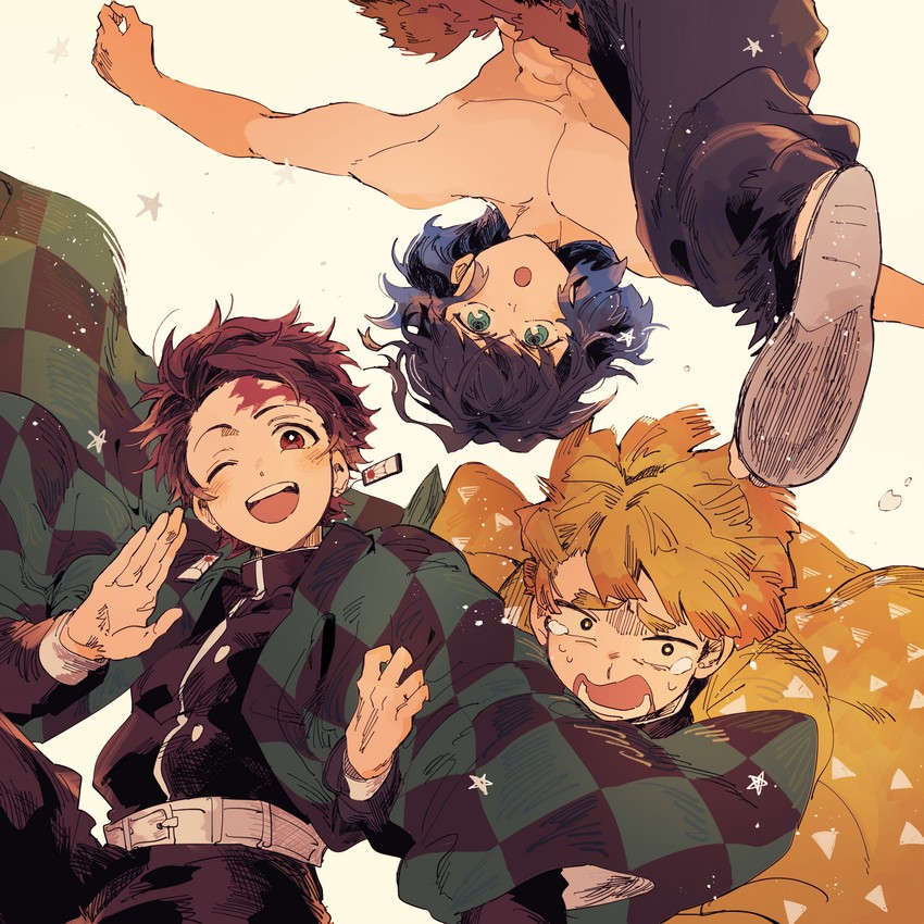 kamado tanjirou, agatsuma zenitsu, and hashibira inosuke (kimetsu no yaiba) drawn by deka_power
