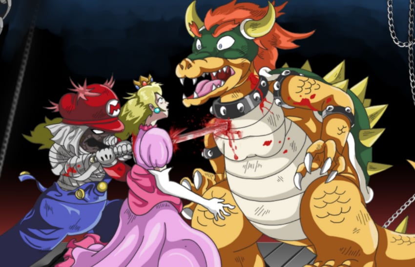 princess peach, mario, bowser, and shishio makoto (mario and 1 more) drawn by mojapene