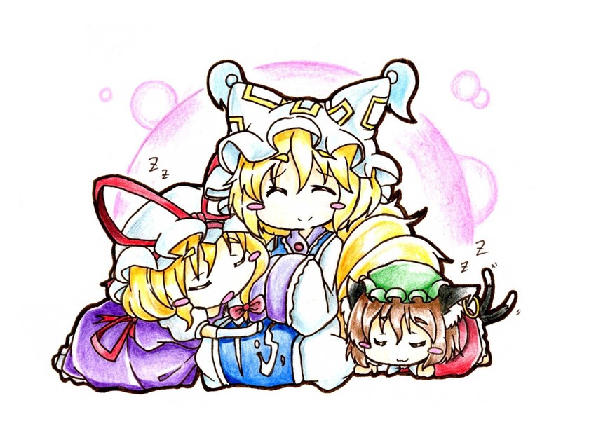 yakumo yukari, yakumo ran, and chen (touhou) drawn by gokuu_(acoloredpencil)